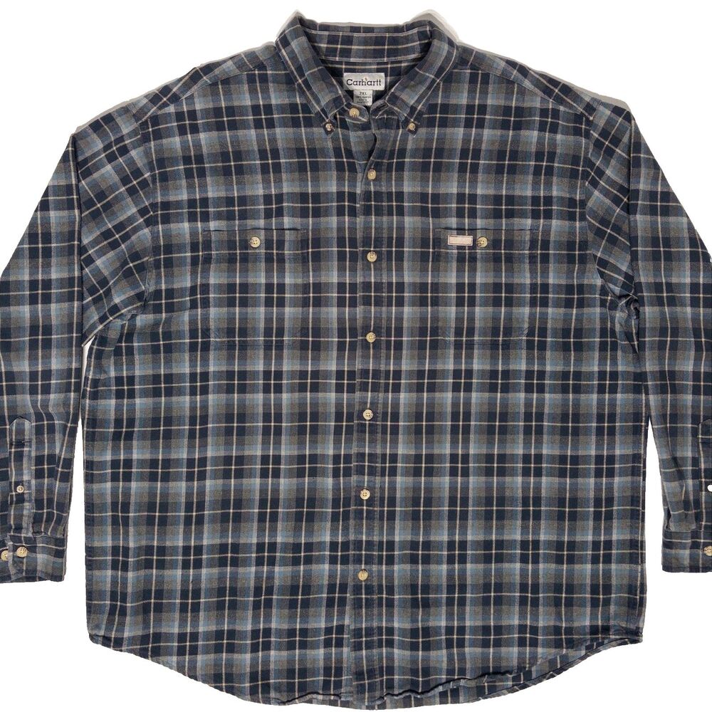 Carhartt Black Blue Plaid Flannel 100% Heavy Cotton Work Chore Shirt Men 2XL